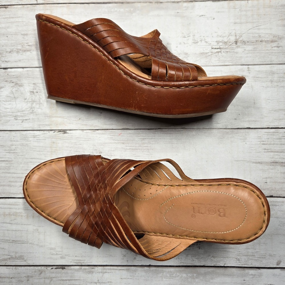 Born‎ Woven Leather Wedge Platform Sandals Womens 10M Brown Strappy Mules D63216